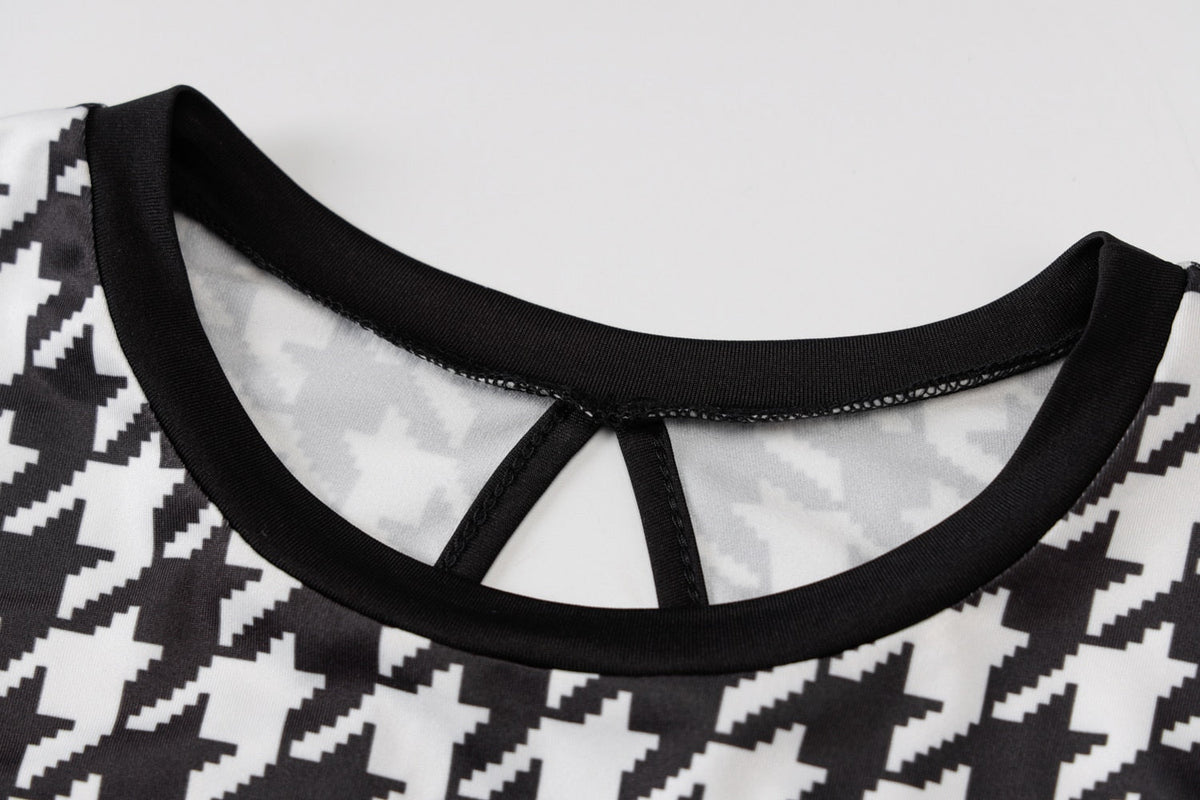 Houndstooth Print Women Long Sleeve Midi Dress Hollow Out Bodycon Streetwear - MERGE.DAY.1.FREESTYLE