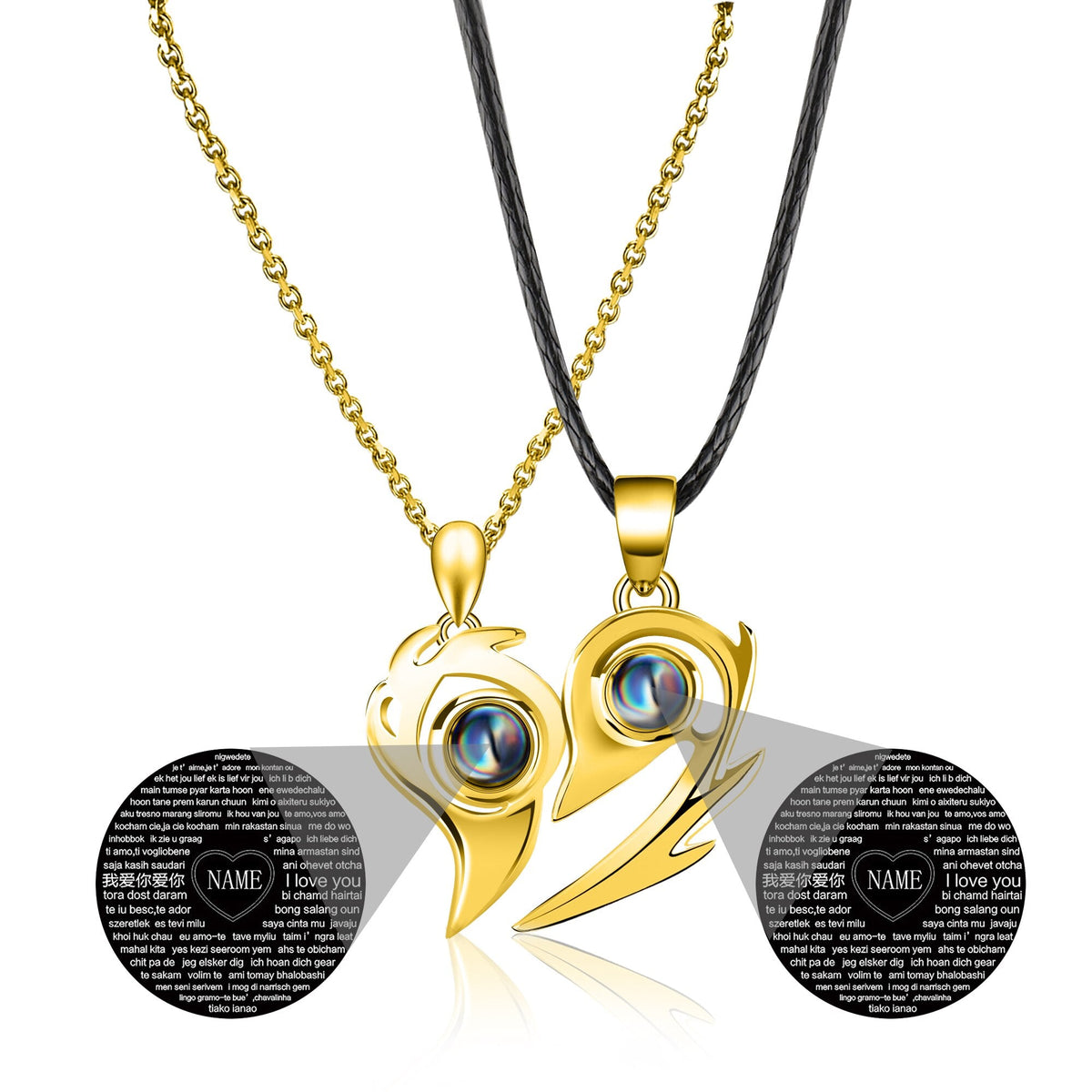 One Pair Magnetic Flame Heart Shaped Custom 100 languages Name Projection Couples Necklaces - MERGE.DAY.1.FREESTYLE