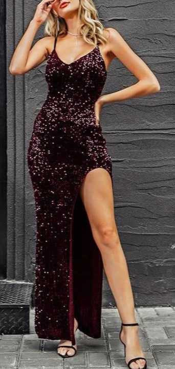 Sexy v-neck sequined long dress women summer black Spaghetti strap split dresses vestido female - MERGE.DAY.1.FREESTYLE