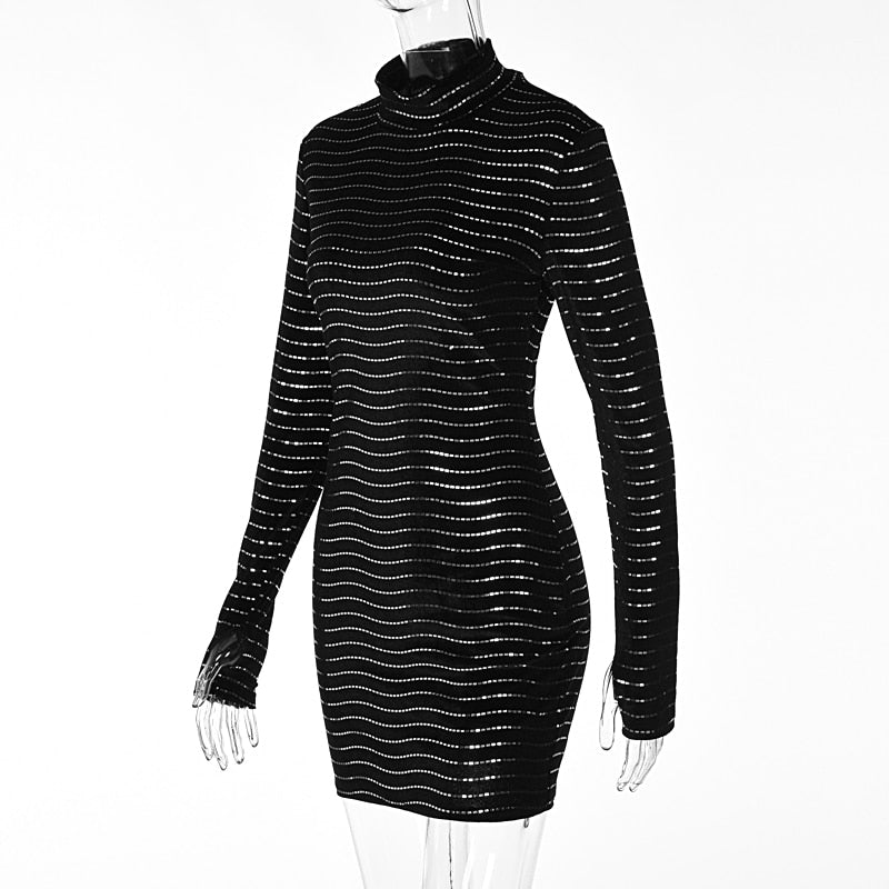 Sequins Long Sleeve Turtleneck Bodycon Slim Sexy Mini Dress Party Club Y2K - MERGE.DAY.1.FREESTYLE
