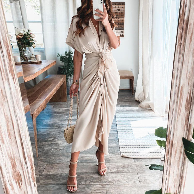 Vestido largo elegante de verano para mujer, de manga corta, con abertura, cuello tipo polo, botones y drapeado para fiesta