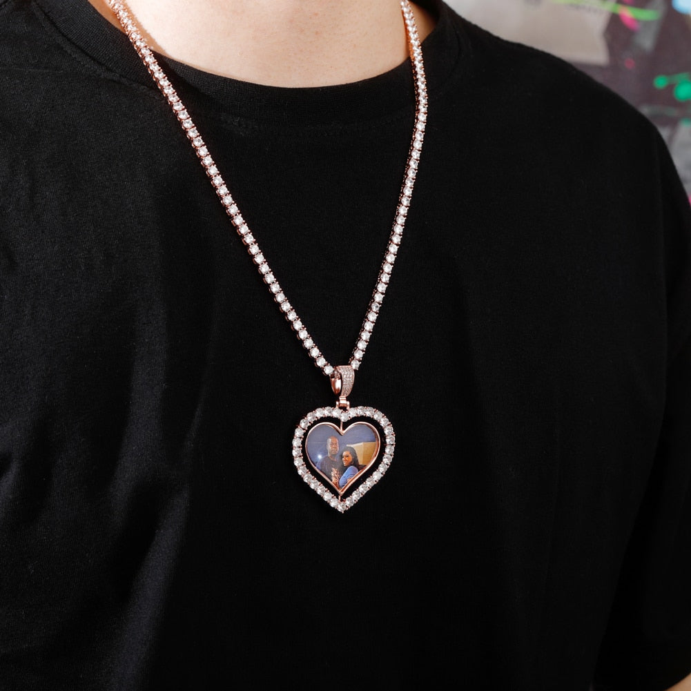 Heart Shaped Custom Photo Spin Double Sided Medallion Pendant Necklace Hip Hop Jewelry - MERGE.DAY.1.FREESTYLE