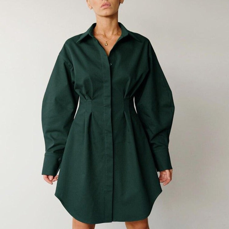 Autumn Winter Bodycon Dress Women Long Sleeve Khaki Pleated Shirt Midi Dresss - MERGE.DAY.1.FREESTYLE