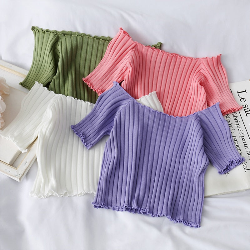 Women Off Shoulder T-shirts Knitted Ruffles Hem Crop Tops Short Sleeve T-shirts - MERGE.DAY.1.FREESTYLE