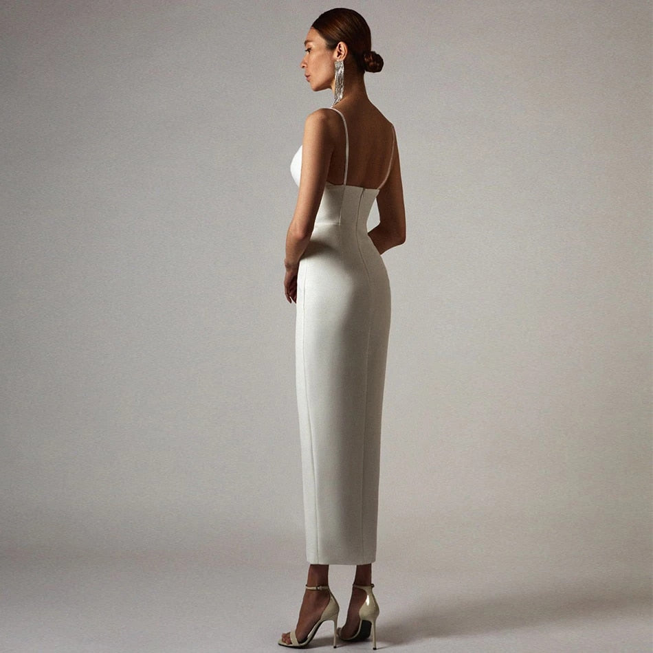 Summer Women White Bodycon Bandage Long Dresses Sexy V Neck Spaghetti Strap Evening - MERGE.DAY.1.FREESTYLE
