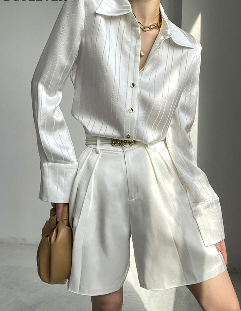 Striped Shirts Spring Long Sleeve Single-breasted Female Satin Blouses - MERGE.DAY.1.FREESTYLE