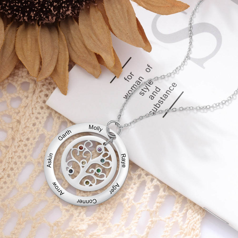 Tree of Life Name Necklace with Birthstone Name Engraved Pendant Family - MERGE.DAY.1.FREESTYLE