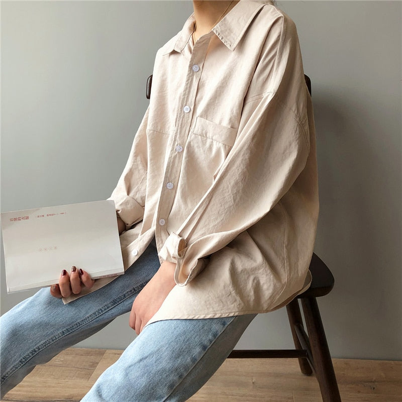 Loose Turn-down Collar Solid Female Shirts Tops Spring Summer Blouses - MERGE.DAY.1.FREESTYLE