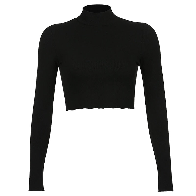 Solid Turtleneck Cropped T Shirt Women Autumn Casual Long Sleeve Ladies Skinny Basic - MERGE.DAY.1.FREESTYLE