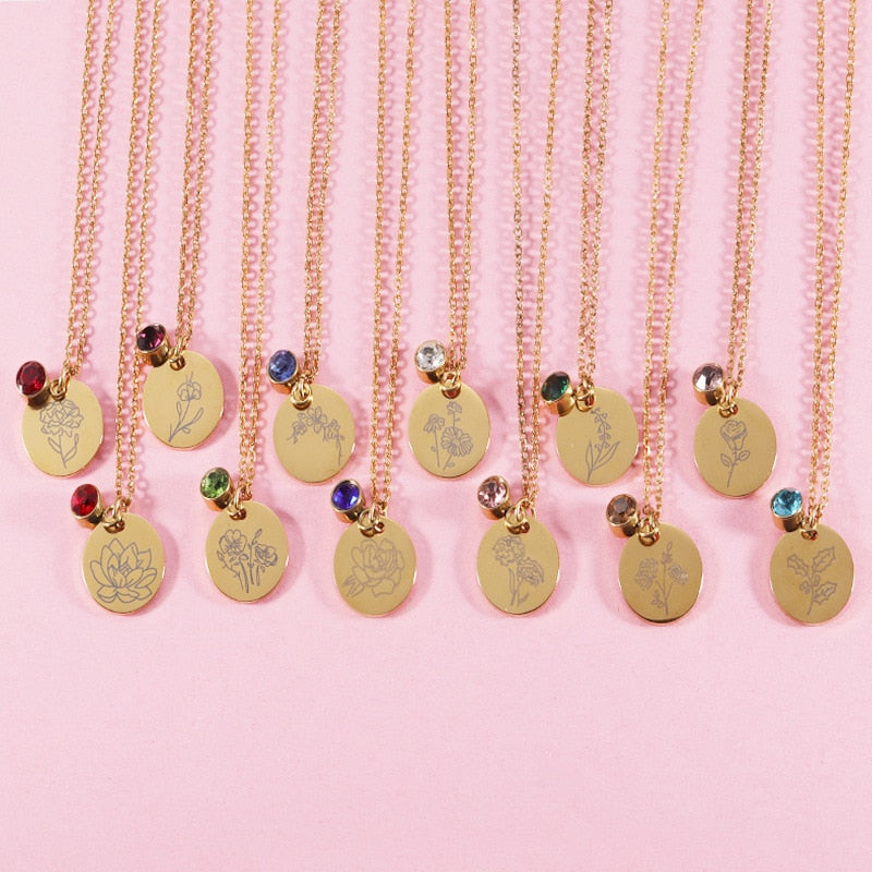 Stainless Steel Birth Flower Necklaces Birthstone Choker Necklace - MERGE.DAY.1.FREESTYLE