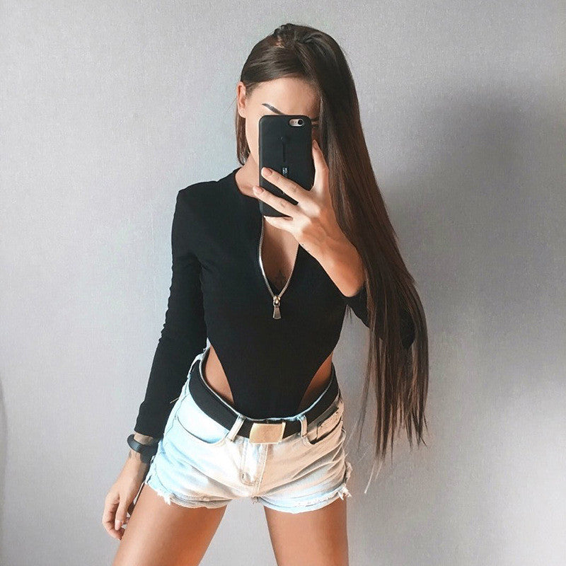 Women Jumpsuits Fashion Solid Zipper Long Sleeve Sheath Skinny Rompers - MERGE.DAY.1.FREESTYLE