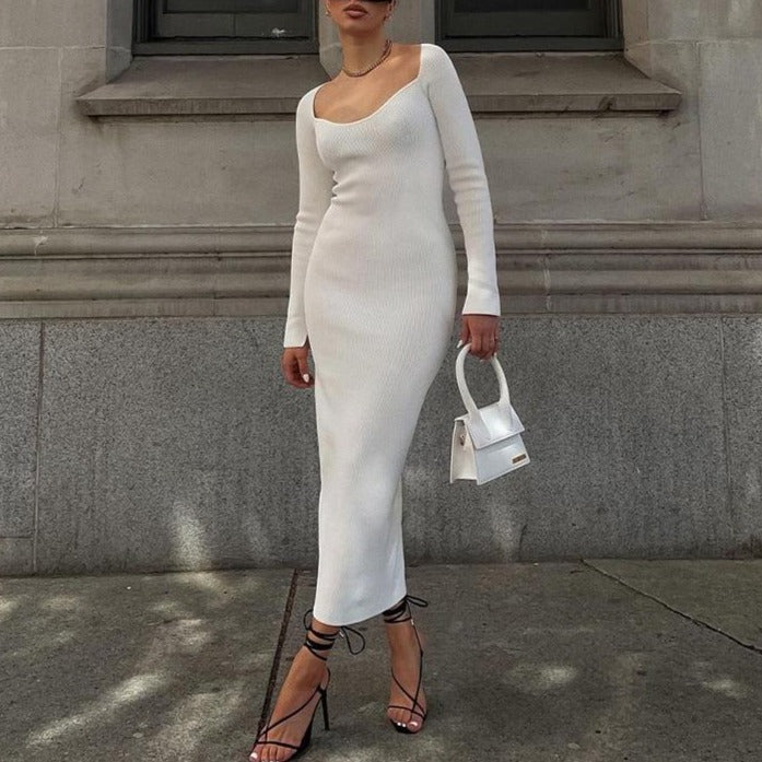2022 Knitted Green Midi Sexy Bodycon Women Dress Spring Long Sleeve Off Shoulder Split Sweater Dresses - MERGE.DAY.1.FREESTYLE