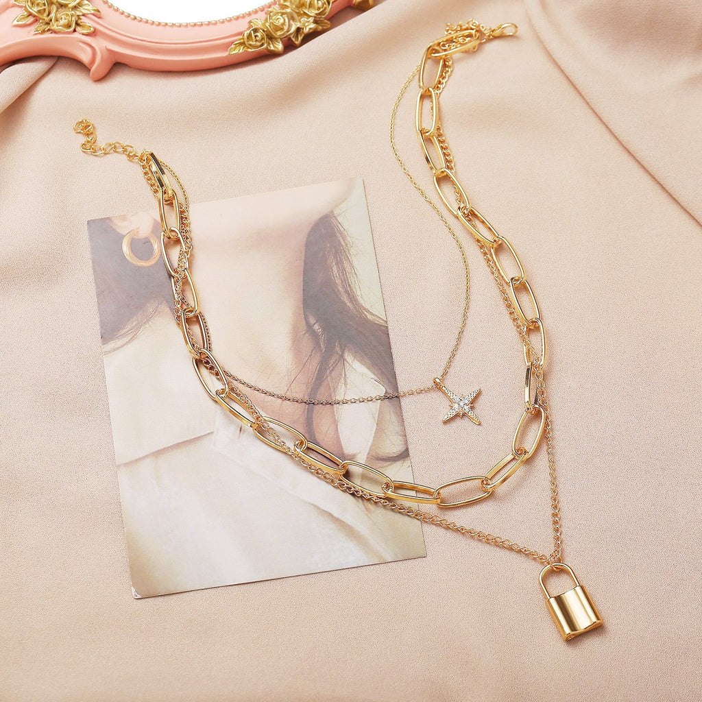 Multi Layer Lock Portrait Pendants Necklaces For Women Gold Metal Key Heart Necklace - MERGE.DAY.1.FREESTYLE
