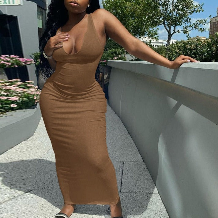 Ribbed Knitted Stripe Women Pure Sleeveless Midi Dress V Neck Bodycon Elegant 2022 Summer - MERGE.DAY.1.FREESTYLE