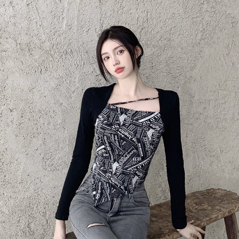 Letter Printed T-shirt Women Fake Two-piece Sexy Slim Long Sleeved Tops Female Cropped Tops - MERGE.DAY.1.FREESTYLE