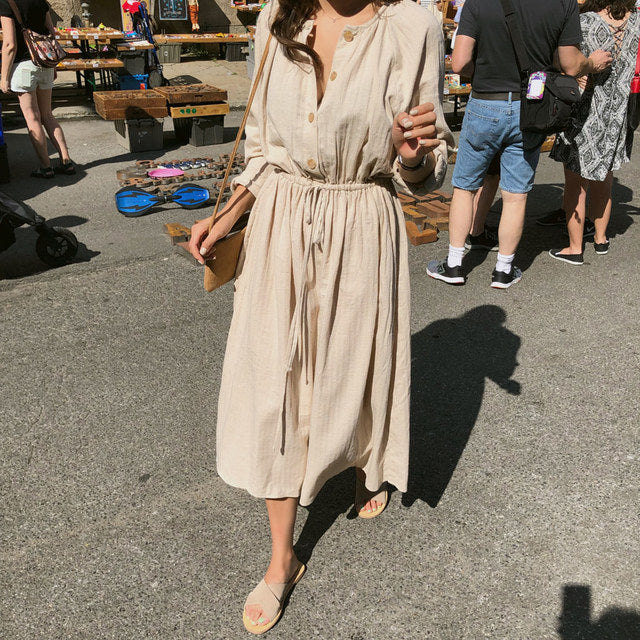 Long Shirt Dress Women Cotton Round Collar Slim Waist Drawstring Solid Color Sundress - MERGE.DAY.1.FREESTYLE