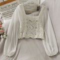 Vintage Women Thin Shirts Hollow Puff Sleeve Square Collar Slim Blouses Ladies Tops - MERGE.DAY.1.FREESTYLE
