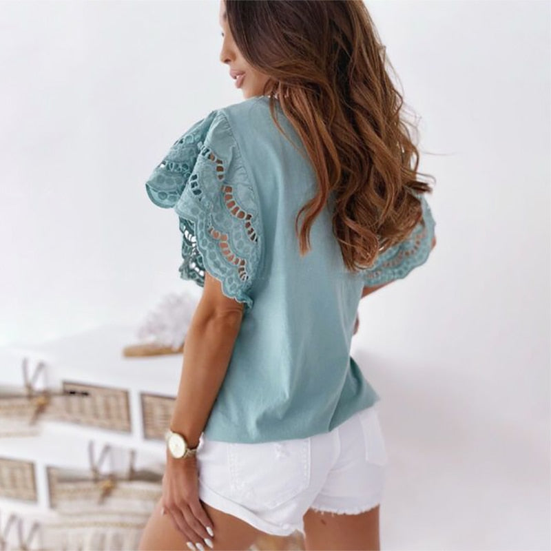 Women Hollow Out Stitching T-Shirt Casual O-Neck Ruffle Short Sleeve Top Elegant Clothing - MERGE.DAY.1.FREESTYLE