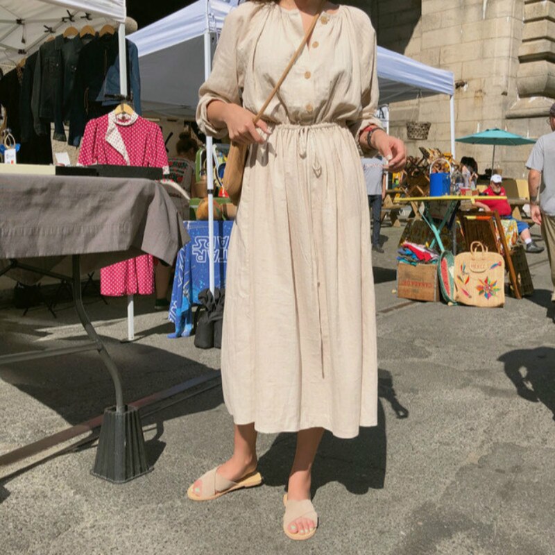 Long Shirt Dress Women Cotton Round Collar Slim Waist Drawstring Solid Color Sundress - MERGE.DAY.1.FREESTYLE