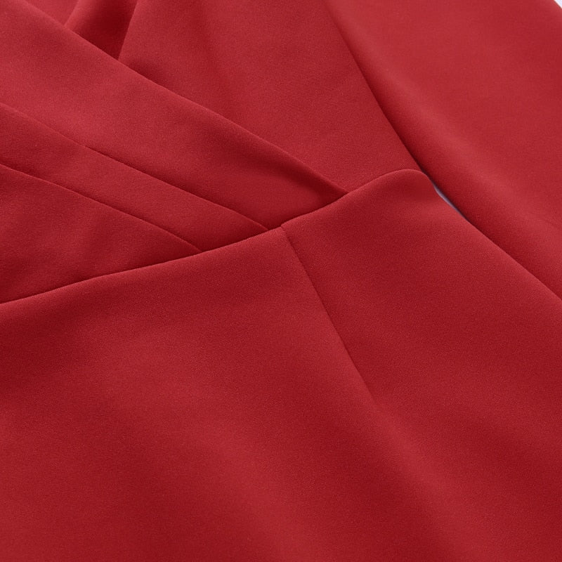 Slim V Neck Long Sleeve Mid Calf Pencil Dress 2022 Casual Office Lady Solid Red Puff Sleeve - MERGE.DAY.1.FREESTYLE
