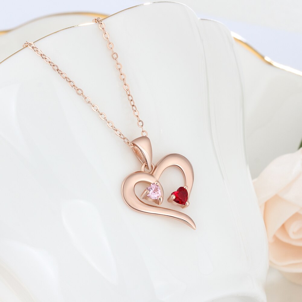 925 Sterling Silver Heart Necklace with 2 Birthstones Custom Engrave Name Pendant - MERGE.DAY.1.FREESTYLE