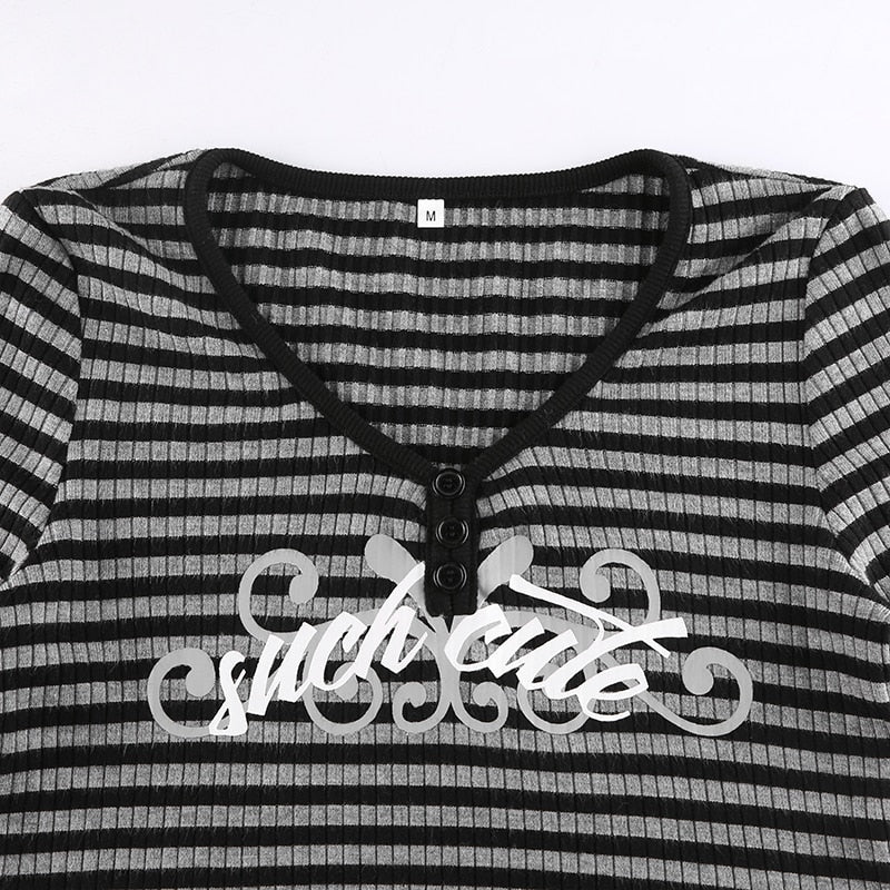 Goth Print Tops Stripe Cute T-Shirts Dark Academia Techwear Button Up V Neck Half Sleeve Sweat Shirts - MERGE.DAY.1.FREESTYLE