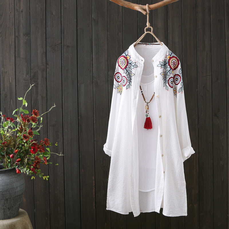Women White Shirt 100% Cotton Embroidery Long Sleeve Button Up Blouse Loose Office Top - MERGE.DAY.1.FREESTYLE