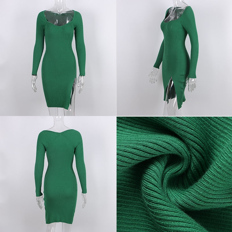 2022 Knitted Green Midi Sexy Bodycon Women Dress Spring Long Sleeve Off Shoulder Split Sweater Dresses - MERGE.DAY.1.FREESTYLE