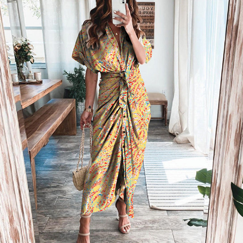 Vestido largo elegante de verano para mujer, de manga corta, con abertura, cuello tipo polo, botones y drapeado para fiesta