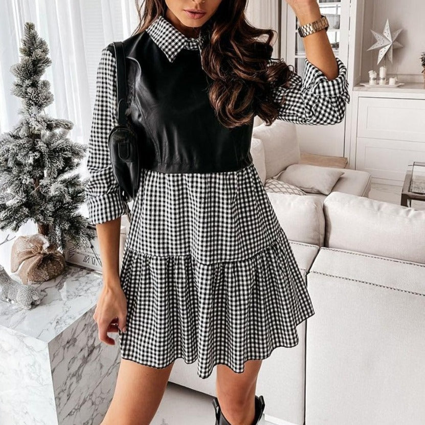 Long Sleeve Mini Shirt Dress For Women White 2022 Spring PU Leather Patchwork Plaid Dresses - MERGE.DAY.1.FREESTYLE