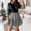 Long Sleeve Mini Shirt Dress For Women White 2022 Spring PU Leather Patchwork Plaid Dresses - MERGE.DAY.1.FREESTYLE