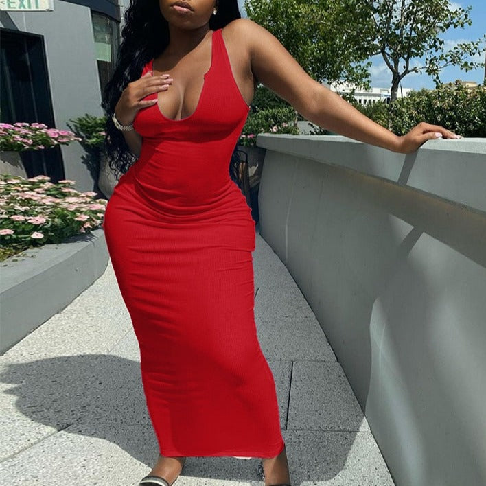 Ribbed Knitted Stripe Women Pure Sleeveless Midi Dress V Neck Bodycon Elegant 2022 Summer - MERGE.DAY.1.FREESTYLE