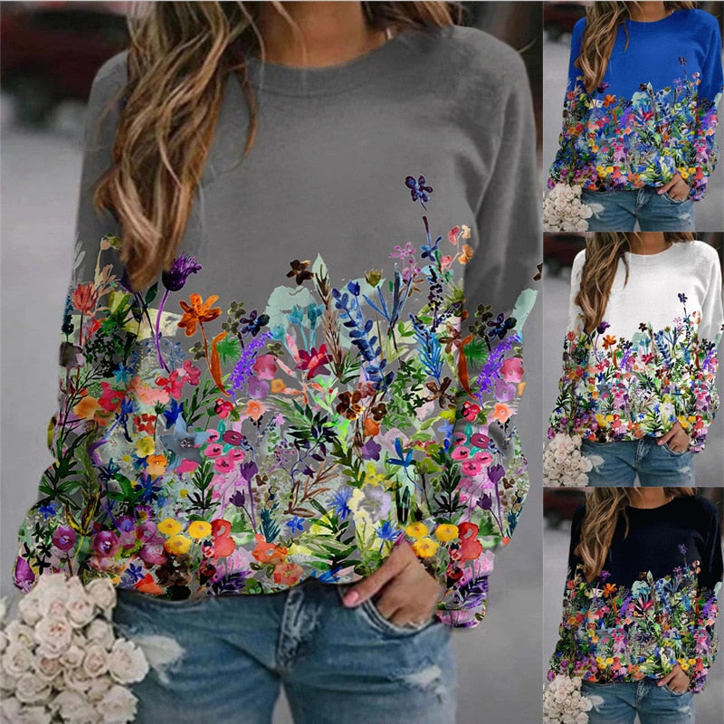 Women's Flower Print Top Loose Long-sleeved Round Neck Sweater All-match T-shirt - MERGE.DAY.1.FREESTYLE