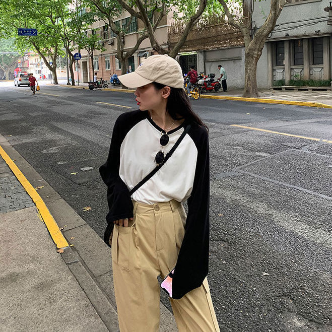 Female T-shirt Round collar Contrast Color Long Sleeve T Shirt Women spring T-Shirts - MERGE.DAY.1.FREESTYLE