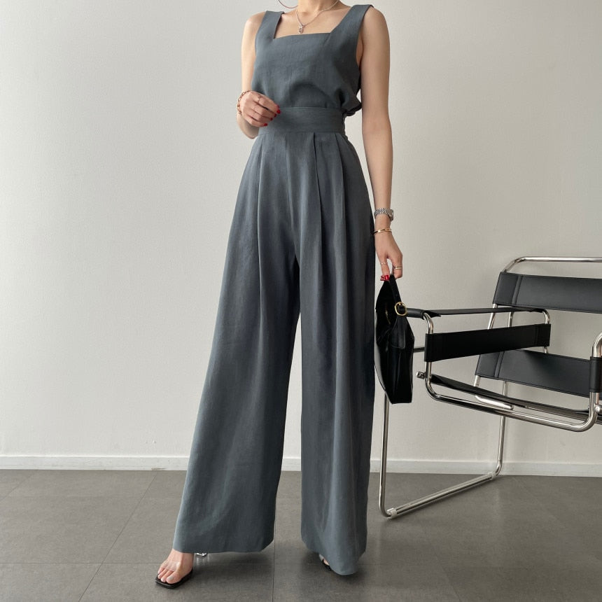 Office Ladies 2-Piece Women Square Neck Loose Vest Top + High Waist Pleated Wide Leg Pants - MERGE.DAY.1.FREESTYLE
