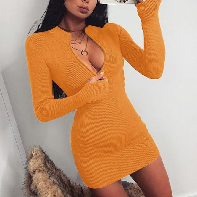 Bodycon Ribbed Dress Stand Collar Zipper Deep V-neck Solid Stretch Mini Vestido - MERGE.DAY.1.FREESTYLE