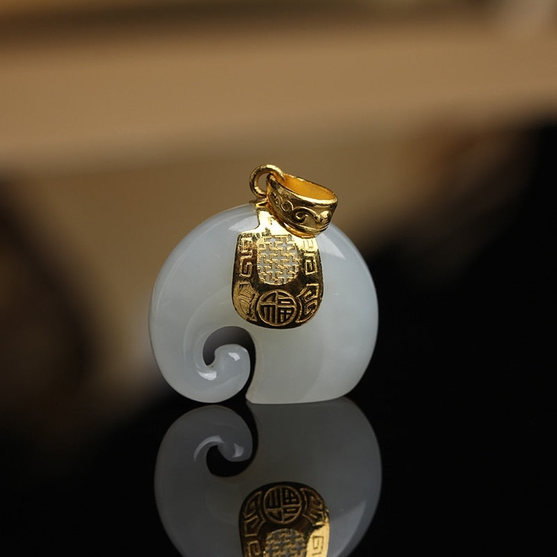 Vintage White Hetian Jade Elephant Pendant 18K Gold Plated Chain Necklace - MERGE.DAY.1.FREESTYLE