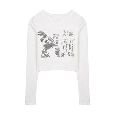 Knitted Crop Top Vintage Aesthetic Letter Printed Long Sleeve T-Shirts Sexy Slim Fit Tee Tops - MERGE.DAY.1.FREESTYLE