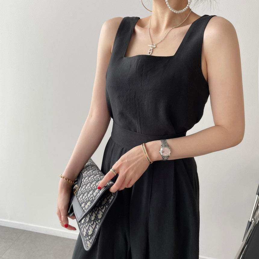 Office Ladies 2-Piece Women Square Neck Loose Vest Top + High Waist Pleated Wide Leg Pants - MERGE.DAY.1.FREESTYLE