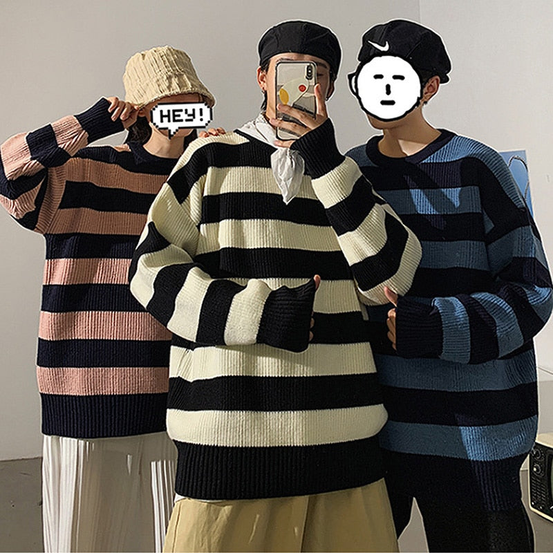 Autumn Winter Knitted Striped Sweater Casual Oversized Pullovers Sweaters - MERGE.DAY.1.FREESTYLE