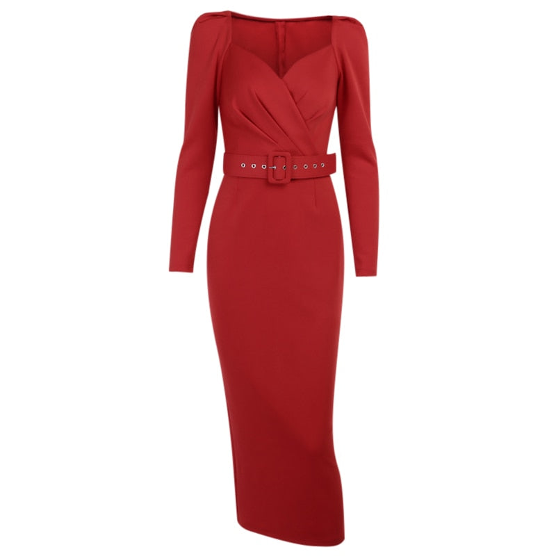 Slim V Neck Long Sleeve Mid Calf Pencil Dress 2022 Casual Office Lady Solid Red Puff Sleeve - MERGE.DAY.1.FREESTYLE
