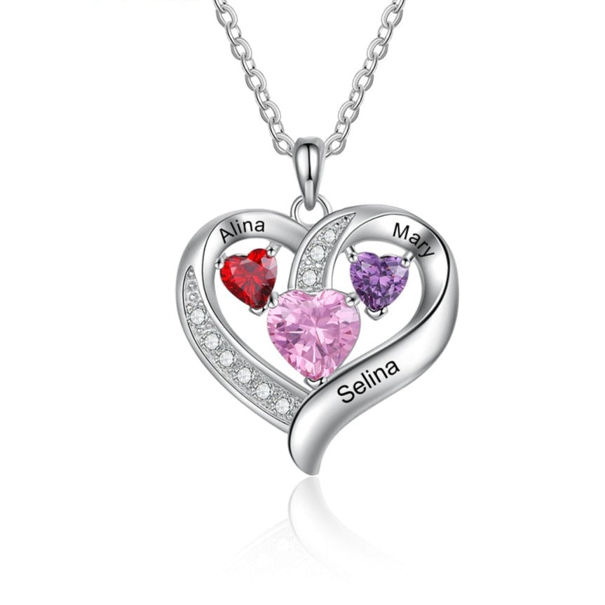 Name Engraved Heart Necklaces for Customized 3 Birthstone Necklace - MERGE.DAY.1.FREESTYLE