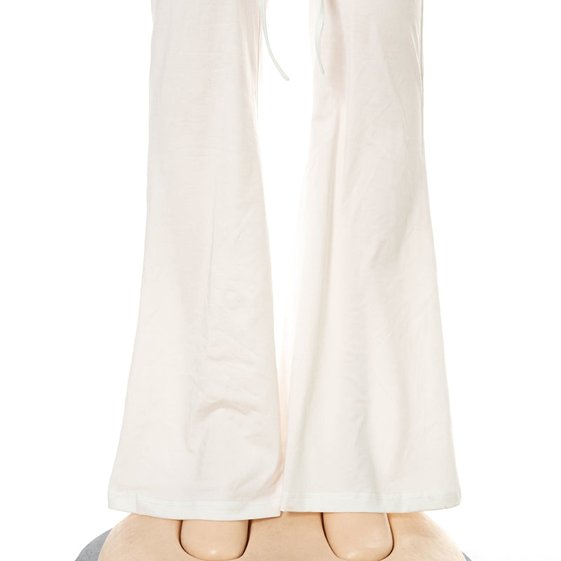 Women Slim Flare Pants Low Waist Drawstring Ruched Wide Leg White Trousers Joggers Sweatpants - MERGE.DAY.1.FREESTYLE
