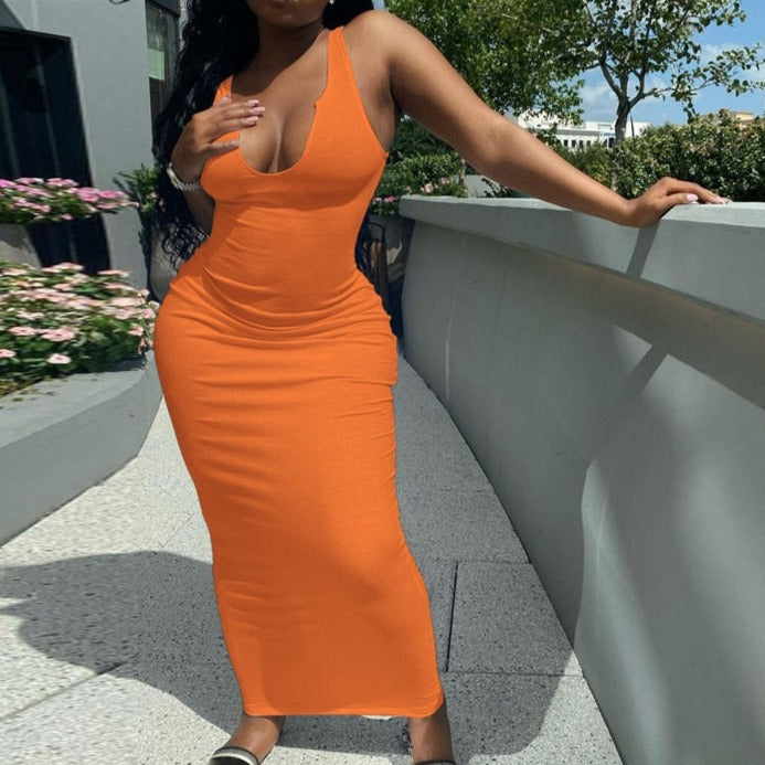Ribbed Knitted Stripe Women Pure Sleeveless Midi Dress V Neck Bodycon Elegant 2022 Summer - MERGE.DAY.1.FREESTYLE