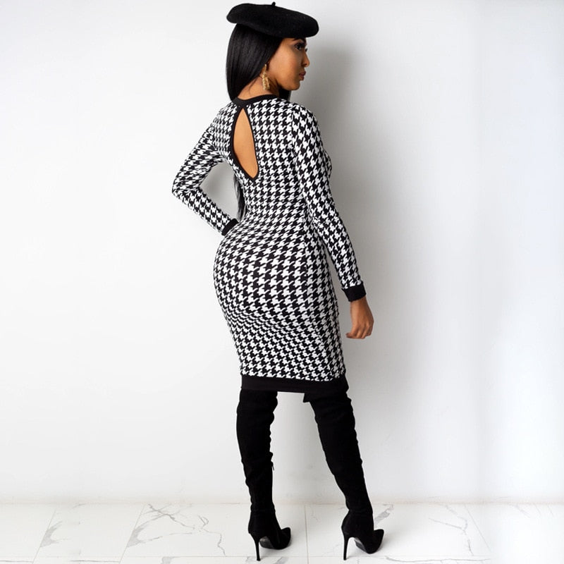 Houndstooth Print Women Long Sleeve Midi Dress Hollow Out Bodycon Streetwear - MERGE.DAY.1.FREESTYLE