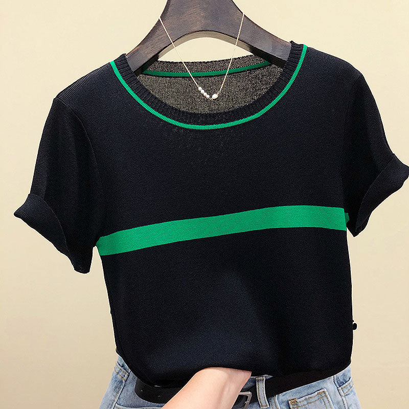 Thin Knitted T Shirt Women Short Sleeve Summer Tops Woman Clothes Striped Fashion T-Shirt - MERGE.DAY.1.FREESTYLE