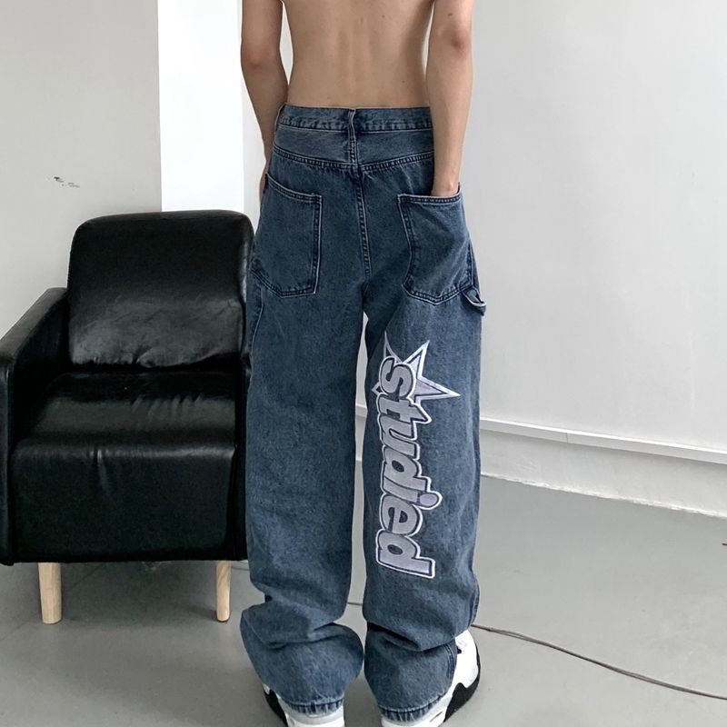 retro hip-hop letter embroidery jeans loose straight-leg pants wide-leg pants for men and women couples - MERGE.DAY.1.FREESTYLE