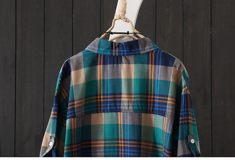 100% Cotton Plaid Shirt Long Sleeve Button Up Casua Loose Blouse Plus Size - MERGE.DAY.1.FREESTYLE