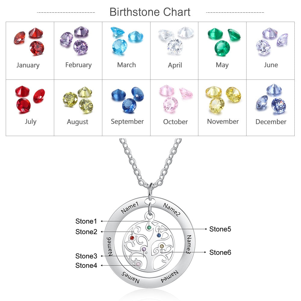 Tree of Life Name Necklace with Birthstone Name Engraved Pendant Family - MERGE.DAY.1.FREESTYLE
