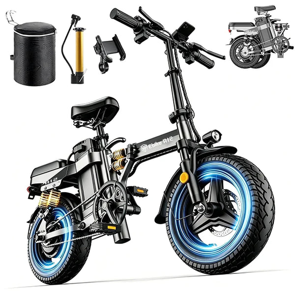 A12 48V15Ah US Fast Shipping DTTZH Electric Foldable Bicycle Ebike E-bike 1000W Peak 14"FatTire EBike Removable Lithium Battery - MERGE.DAY.1.FREESTYLE